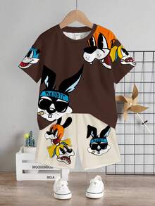 2pcs/Set Young Boy Casual Minimalist Cartoon Rabbit Print Short Sleeve T-Shirt And Shorts, Suitable For Summer - Multicolor - View 3