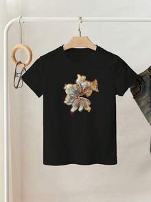Resyla Women's Standard Size Floral Sequin Round Neck Short Sleeve Casual T-Shirt Raglan Sleeve Golf Pastal Summer - Black - View 3