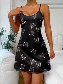 Casual Butterfly Print Camisole Nightgown For Summer - Black - View 3