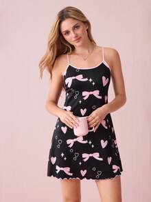 Valentine's Day Cute Bow & Heart Print Y2K Style Camisole Nightgown For Women - Black - View 1
