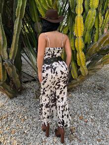 SHEIN SXY Women's White Animal Print Summer Boho Beach Vacation Dress,Cow Print Sleeveless Slip Long Holiday Resort Wear,Havana Nights Western Festival Outfit - Multicolor - View 2