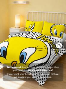 LOONEY TUNES X SHEIN 3Pc Yellow Cui Di Printed Quilt Cover Set, Sanded Material, Soft And Warm, Multiple Sizes, Suitable For Single Bed/Double Bed/Queen Bed/King Bed, Machine Washable - Grey - View 5