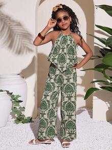 少女休闲度假绿色黄色复古印花露背露脐上衣和直筒裤两件套 - 綠色 - 查看 4