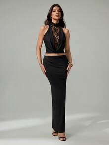 SHEIN Tall Women's Elegant Black Summer Lace High-Neck See-Through Back Vest & Knit Fishtail Skirt Set,Suitable For Dining,Parties,Weddings,Evening Outings, Tall Women - Black - View 5