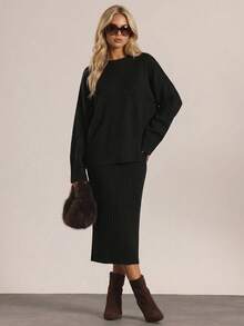 RueChic Drop Shoulder Rolled Cuff Tee And Skirt Set - Black - View 2