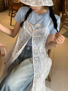 Livesso 吊带蕾丝女式时尚上衣，侧开衩 - 白色 - 查看 5