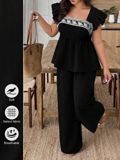 Breezaya Conjunto informal de 2 piezas de top de encaje y pantalones de pierna ancha para mujer de talla grande