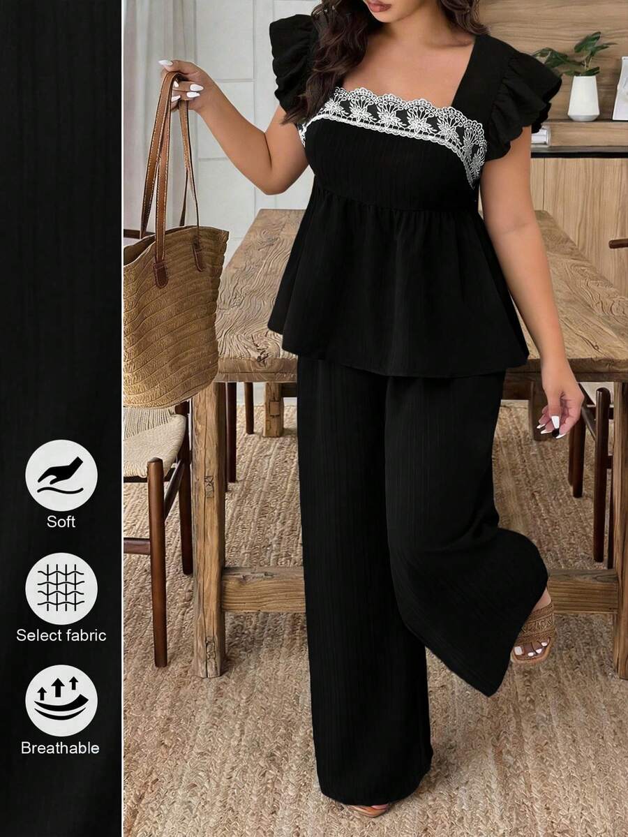 Breezaya Plus Size Women Lace Top And Wide Leg Pants Casual 2 Pieces Set - Black - View 1