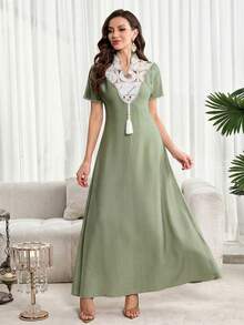 Al Najma Đầm ngắn tay cổ chữ V thanh lịch thêu sequin dành cho nữ, thích hợp cho mùa hè. - màu xanh lá - Xem 3