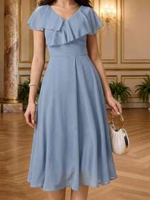 Pitira Đầm chiffon màu xanh dương trơn, thanh lịch, tối giản, cổ chữ V, không tay, xếp ly, eo cao, dài ngang gối, thích hợp cho bé gái dự lễ tốt nghiệp/đám cưới, hoặc đi nghỉ hè. - Màu xanh lam - Xem 4