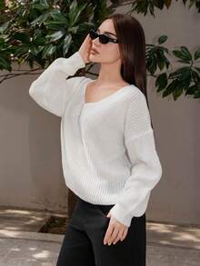 Bris Aura Solid Drop Shoulder Ribbed Knit Sweater,Long Sleeve Tops,Off The Shoulder Sweater In Fall/Winter White Casual - White - View 4