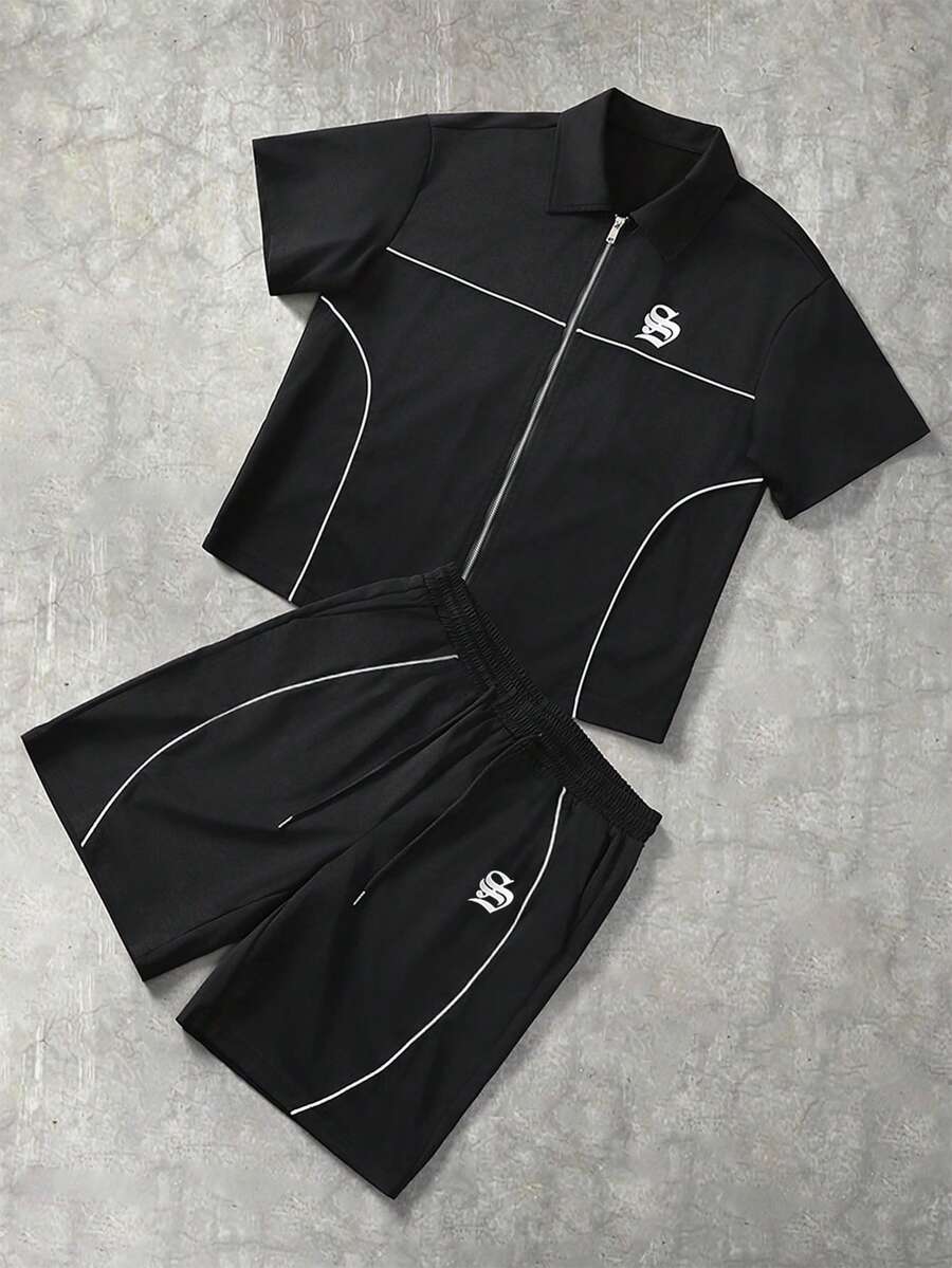 STYNVO Bộ áo sơ mi ngắn tay cổ khóa kéo in chữ dành cho nam và quần short. - màu đen - Xem 1