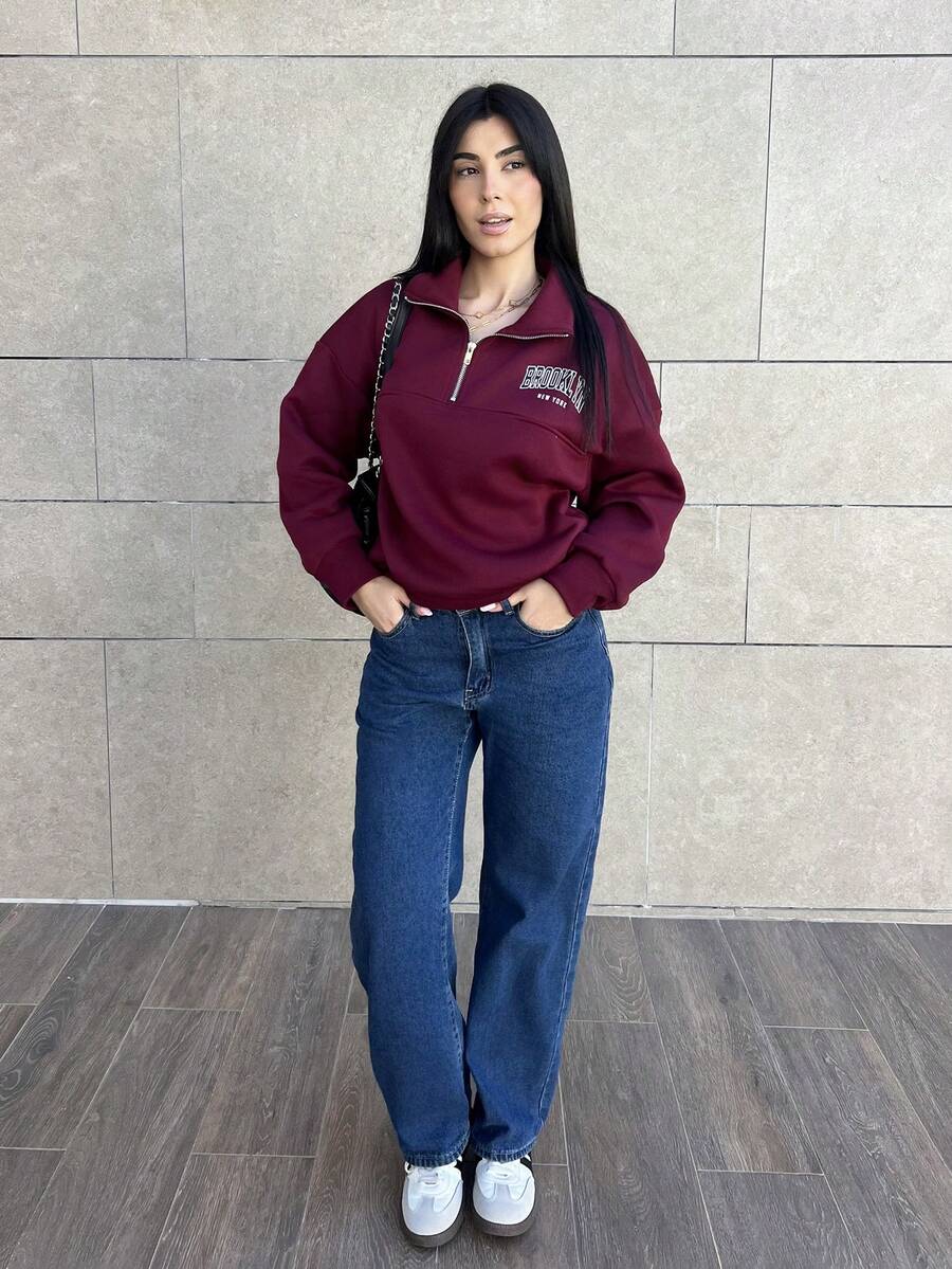 Hitanina 女士宽松半拉链字母印花卫衣，带保暖内衬 - 酒紅色 - 查看 1