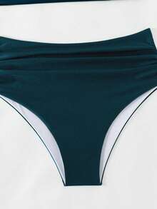 SHEIN Swim Bộ đồ bơi tankini xếp ly màu trơn dành cho nữ mùa hè đi biển - Xanh đậm - Xem 4