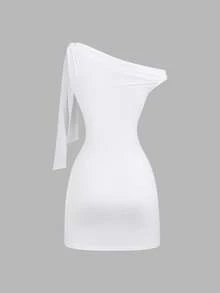Vestido ajustado sexy con volantes en hombro oblicuo para mujer, ceñido a la cintura, ajustado, vestido mini de estilo francés chic - Blanco - Ver 2