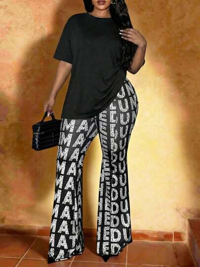 Veslaya Plus Size Women Letter Print Elastic Waist Casual Flare Pants Plus Size Bell Bottoms Bell Bottoms Plus Size Working Pants For Women Wrap Around Pants Women's Tall Trousers Zebra Print Jeans Work Pants