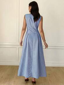 Solavon Vestido plisado sin mangas con decoración de hebilla de metal y estampado de rayas, estilo elegante de vacaciones para el verano - Azul - Ver 5