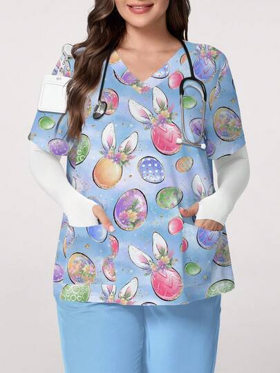 PopScrub Rabbit Ear Floral Wreath Design Cartoon Egg Print Ombre Blue & Purple V-Neck Short Sleeve Pocket Nursing Scrub Top With Ear Loop, Suitable For Spring/Summer Nurse/ Uniform, Easter & Daily Wear, Plus Size