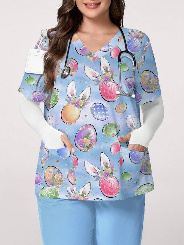 PopScrub Rabbit Ear Floral Wreath Design Cartoon Egg Print Ombre Blue & Purple V-Neck Short Sleeve Pocket Nursing Scrub Top With Ear Loop, Suitable For Spring/Summer Nurse/ Uniform, Easter & Daily Wear, Plus Size