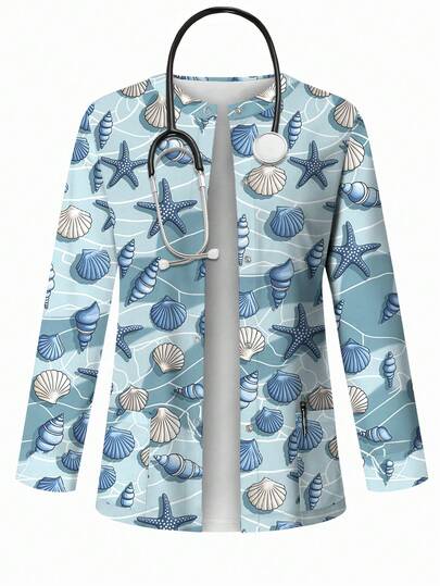 PopScrub Chaqueta de enfermera con estampado de conchas marinas y estrellas de mar de dibujos animados en azul, cárdigan de moda de primavera/verano con diseño de pendientes colgantes, adecuado para vacaciones en la playa y uso diario