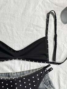 Swim Mod 女士黑白波点细肩带两件式比基尼套装，性感沙滩泳装，夏季度假之选 - 彩色 - 查看 6
