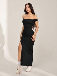 SHEIN PETITE Đầm nữ màu trơn trễ vai xẻ cao, thích hợp cho mùa hè, đầm hè cho nữ. - màu đen - Xem 3