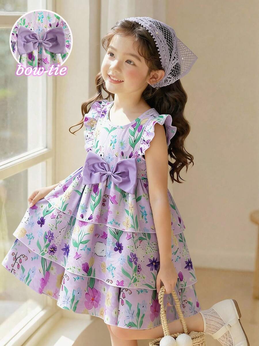SHEIN Elladie kids 女童春夏优雅连衣裙,正面黄色纯色3D蝴蝶结装饰,泡泡褶皱面料荷叶袖,收腰设计,可爱兔子数码印花蛋糕裙,适合春夏穿着,可爱淑女,日常、上学、度假皆宜。女童服装,公主裙,可爱连衣裙,碎花裙。夏季套装,柔软连衣裙,优雅派对礼服。夏季套装。柔软连衣裙。 - 淡紫色 - 查看 1