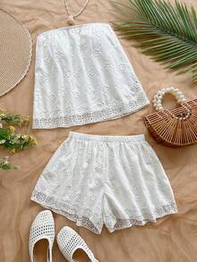 Soleia Conjunto casual de 2 piezas con top tubo bordado y shorts para mujer - Blanco - Ver 1