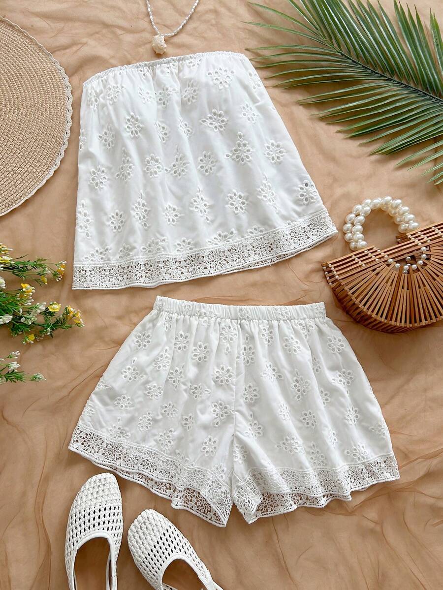 Soleia Conjunto casual de 2 piezas con top tubo bordado y shorts para mujer - Blanco - Ver 1