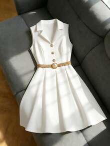 Franclia Women's Spring/Summer White Sleeveless Collared Pearl Button Waist A-Line Midi Dress, Suitable For Daily Wear And Commuting White Sleeveless Dress Collared Dress White Collared Dress Classy Belted Cream Dress White Button Up Dress White Vintage Dress White Classy Dress Cute White Dress Dress Clothes - Apricot - View 1