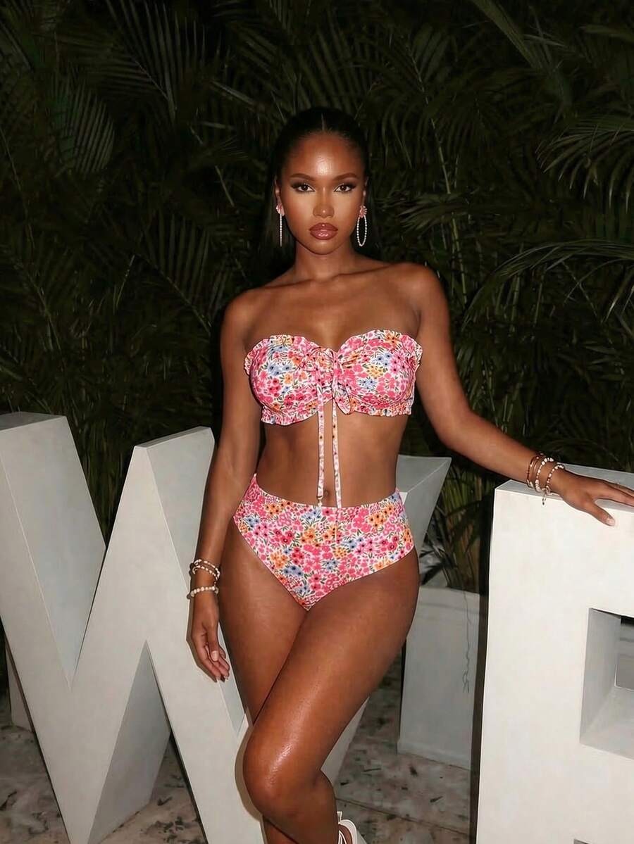 Vaytide Women Beach Summer Vacation Cute Off-Shoulder Ruffle Ditsy Floral Bikini Set With Dainty Pearl Pendant Drawstring Bikini Set - Multicolor - View 1