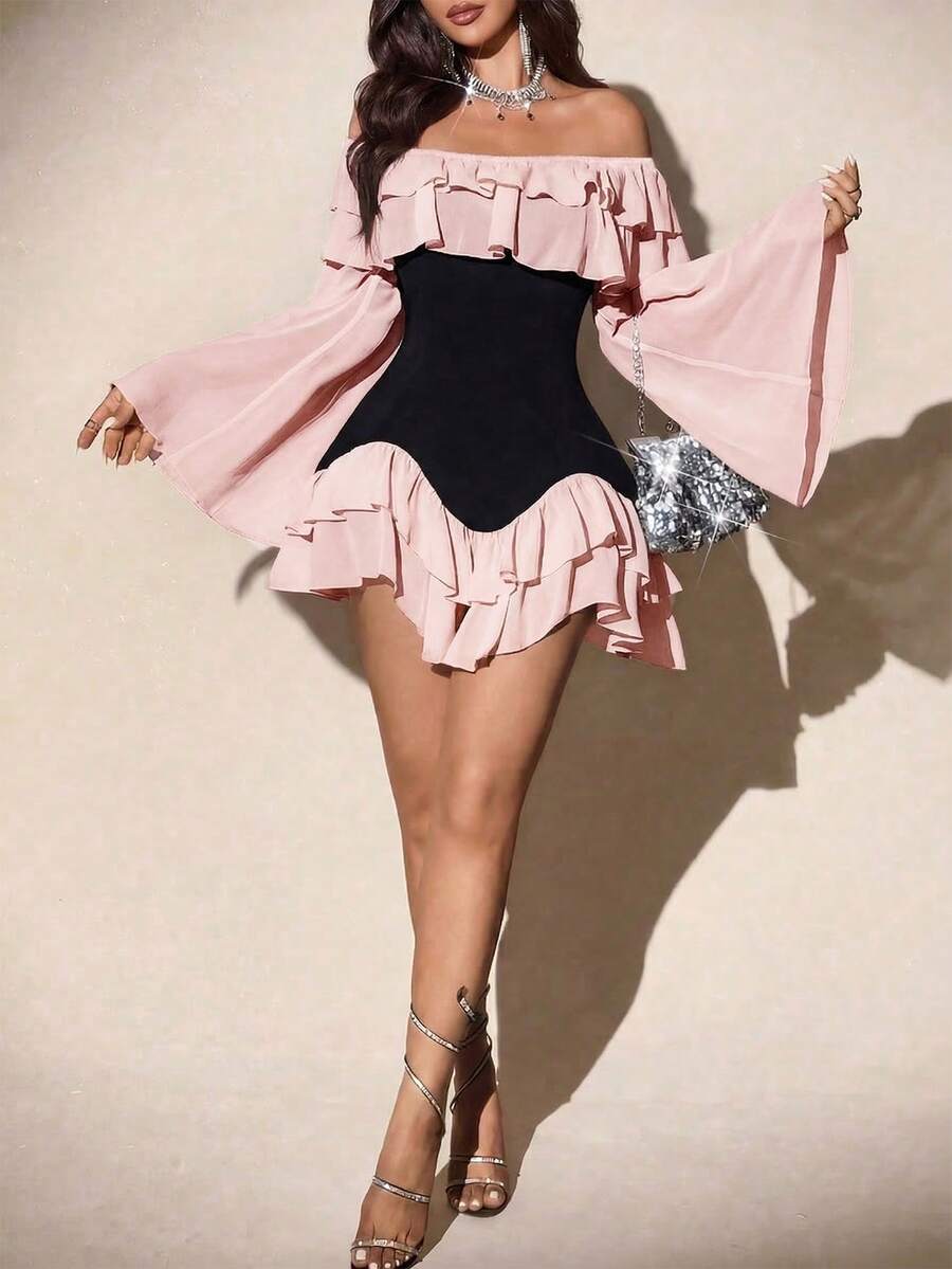 Elenzga Đầm mini dáng xòe dài tay, ôm sát, chất liệu chiffon mềm mại, thanh lịch, lãng mạn, phối đen trắng dành cho nữ cỡ lớn, thích hợp cho mùa xuân/thu. - Nhiều màu - Xem 1