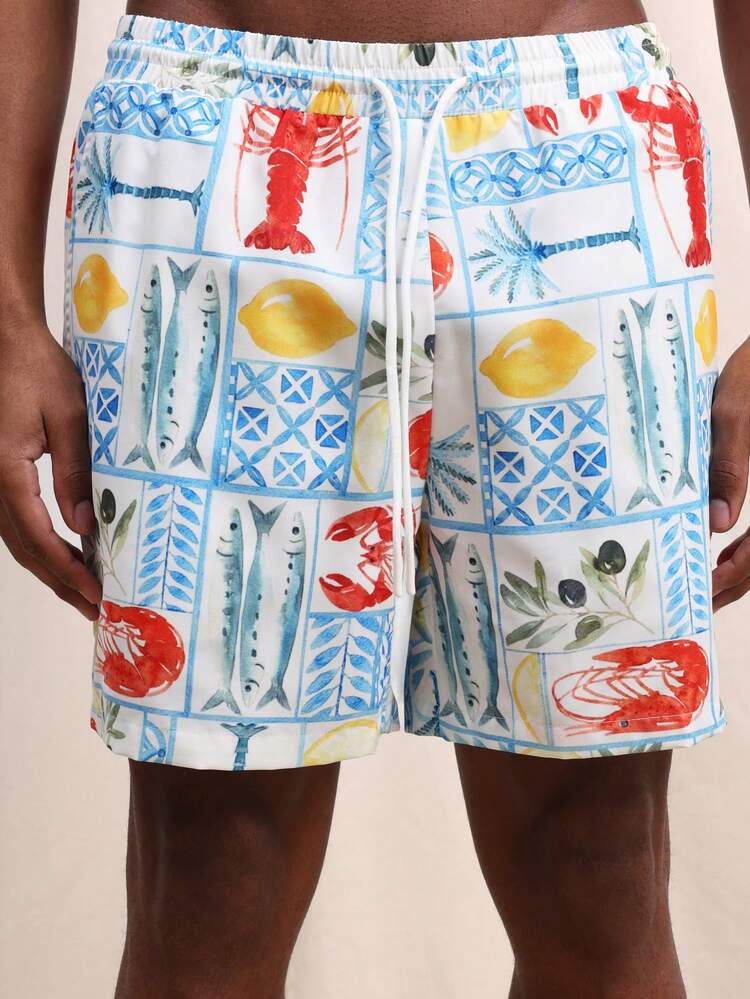 Pantaloncini da spiaggia da uomo con motivo a frutti di mare, pantaloncini da bagno estivi con stampa di aragoste e pesci, con coulisse in vita, abbigliamento da vacanza e resort, pantaloncini da nuoto casual