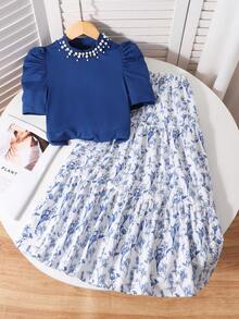 SHEIN Bộ đồ 2 món cho bé gái tuổi teen: Áo thun tay phồng đính ngọc trai và chân váy in hoa, kiểu dáng thường ngày. - Nhiều màu - Xem 1