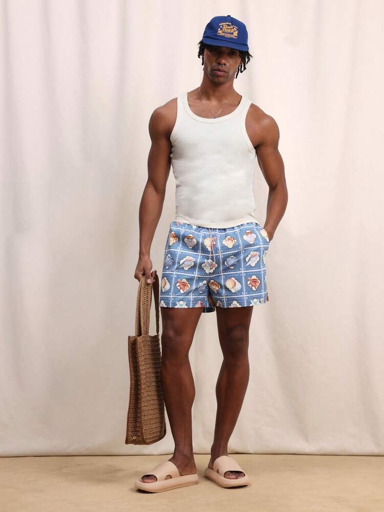 Shorts de Praia Masculina com Estampa de Conchas, Cintura Elástica com Cordão, Verão, Natação, Férias, Ajuste Relaxado, Secagem Rápida