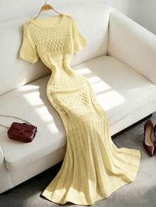 Breezaya 2026春夏新款欧美风性感修身腰部休闲度假日常户外女士浪漫海滩派对晚宴海边针织米色女式毛衣连衣裙，镂空慵懒舒适 - 鵝黃色 - 查看 7