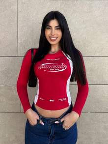 Hitanina Camiseta de manga larga de cuello redondo de algodón con bloques de color azul oscuro para mujer, para uso casual en días de juego, de vuelta a la escuela y en otoño/invierno - Burdeos - Ver 5