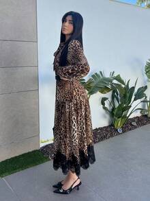 Hitanina 优雅女士长袖豹纹雪纺撞色蕾丝连衣裙，秋冬 - 彩色 - 查看 6