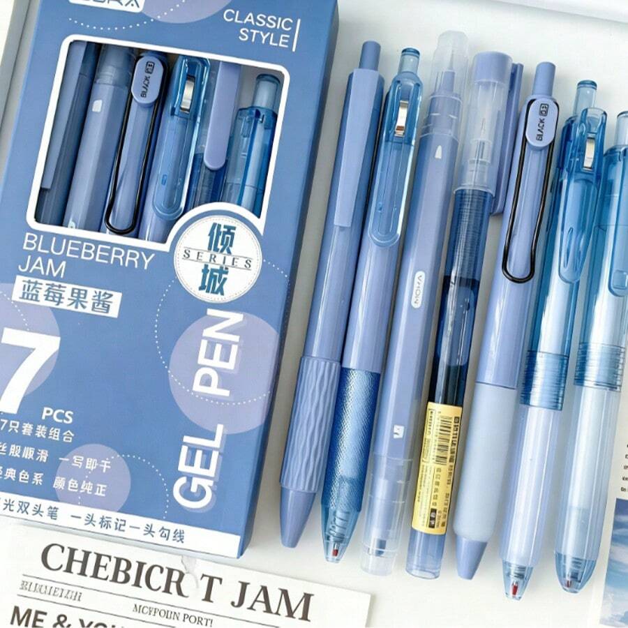 7支装多巴胺配色凝胶笔，INS风格高档学生按压式笔，0.5mm黑色墨水书写笔套装，适用于学校和办公室 - 多色 - 查看 1