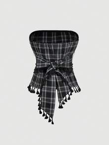 SHEIN MOD 黑白格子流苏装饰系带多功能女式上衣 – 70年代复古风、西部风、波西米亚风、游牧风，适合约会、派对、春夏女装、春假、舞会礼服、约会之夜、度假、野餐、节日、生日装扮 - 黑與白 - 查看 7