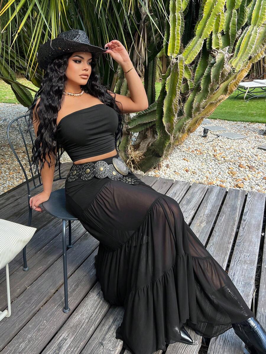 SHEIN SXY 音乐节无袖上衣和网纱迷你裙套装，女士裙装套装，两件套裙装，女士套装，波西米亚风裙装套装，女士两件套服装，沙滩装，女士度假装，乡村音乐会服装，锐舞派对服装，音乐节服装，女士沙滩装，女士夏季两件套服装，女士度假套装，女士两件套服装 - 黑色 - 查看 1