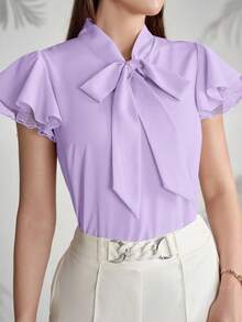 Modelyn Blus Elegan Wanita Warna Polos dengan Kerah Ikat dan Lengan Berkerut, Atasan Musim Panas - Purple - View 4