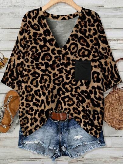 Mellowie Camiseta holgada de cuello en V con estampado de leopardo y color contrastante, estilo minimalista casual para mujeres de talla grande, top negro adecuado para el verano