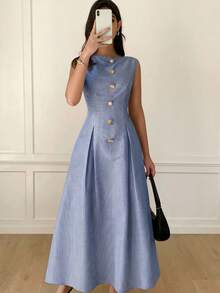 Solavon Vestido plisado sin mangas con decoración de hebilla de metal y estampado de rayas, estilo elegante de vacaciones para el verano - Azul - Ver 6