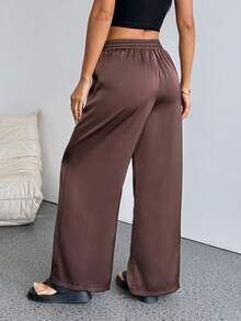 SHEIN PETITE 女士夏季乡村音乐会外出海滩装扮波西米亚风简约水洗100%纯棉白色弧形裤脚裤 - 棕色 - 查看 2