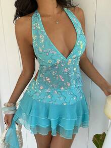 Elamini 女士春夏亮片蕾丝深V领紧身上衣和低腰不对称下摆迷你裙套装 - 藍色 - 查看 4