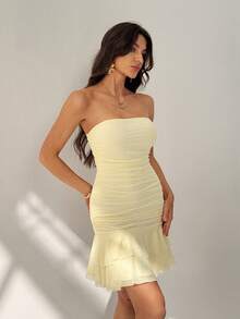 SHEIN Tall Spring/Summer Solid Yellow Cream Strapless Ruched Bodycon Mini Dress With Ruffle Hem, Cute Summer Dress, Brunch Dress, Yellow Dress - Yellow - View 3