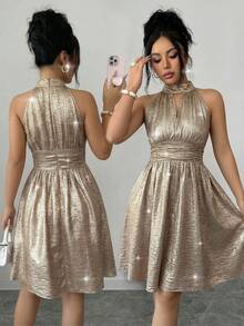 SHEIN Raffinéa Vestido corto elegante de mujer con cintura calada en línea A, cuello halter, adecuado para salidas y citas, primavera/verano - Dorado - Ver 3