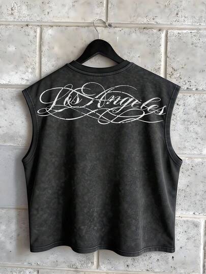 Manfinity EMRG Men's Summer Casual Black White Los Angeles LA Cursive Script Calligraphy Letter Slogan Graphic Print Sleeveless Tank Top Muscle Tee Vest Vintage Streetwear Hip Hop Urban Acid Wash Distressed Gym Workout Fitness Festival Concert Club Party Going Out Crew Neck Oversized Loose Fit Breathable Top,Men's Casual Daily Letter Graphic Round Neck Tank Top, Summer