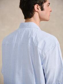 VeloEdit Camisa Social de Manga Curta Masculina Tecida com Listras e Bolso no Peito, Azul e Branca, Adequada para Uso Casual ou de Escritório no Verão, Gola de Algodão, para Amigos, Itens de Casal Tênis Preppy, Presente do Dia dos Pais, Dinheiro Antigo, para Namorado, Looks para Homens - Azul e Branco - Visão 5